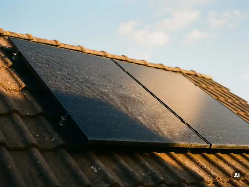Twee zonnepanelen op een Nederlands woonhuis met terracotta dakpannen in warm middagzonlicht.