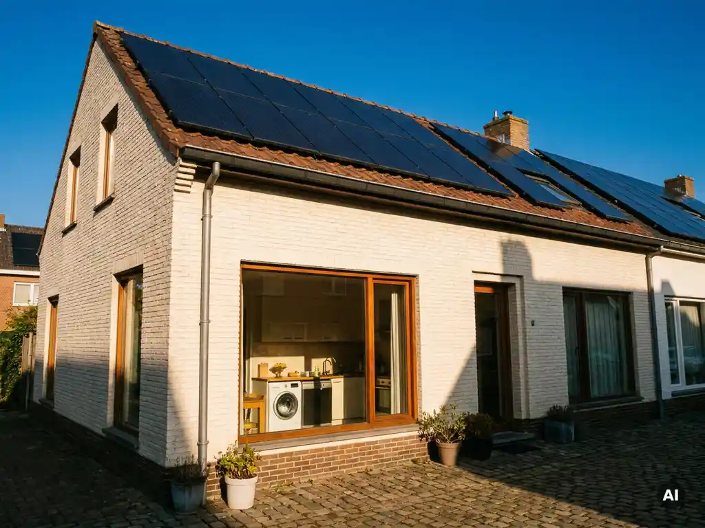 Zonnepanelen op het dak van een Nederlandse woning onder stralend middaglicht, met zandkleurige gevel en kobaltblauwe lucht.