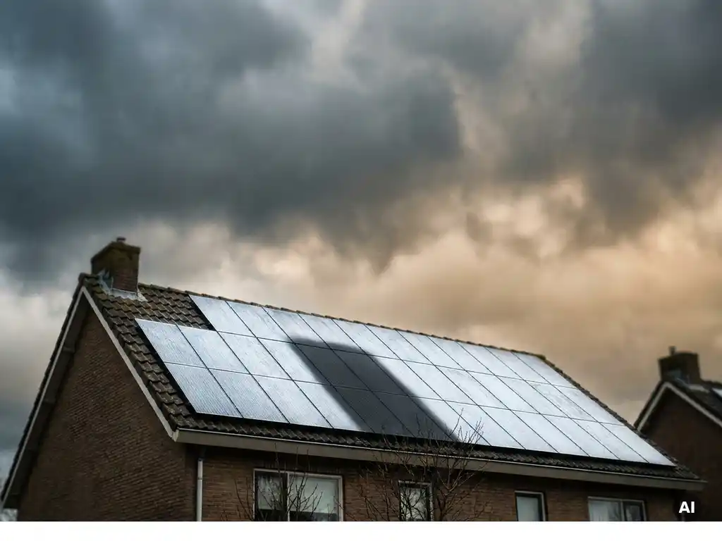 Zonnepanelen op een woonhuis in een Nederlandse buitenwijk, één paneel in schaduw onder bewolkte lucht, lage camerahoek.