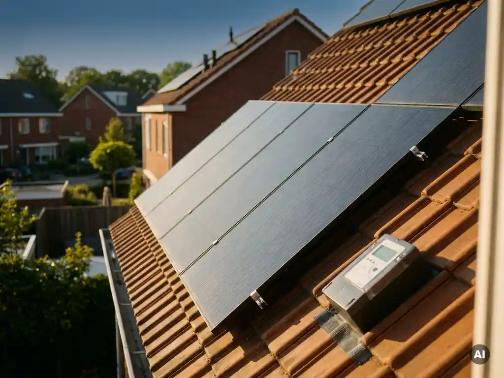 Zonnepanelen op Nederlands woonhuis met slimme energiemeter, warm middaglicht en wazige achtergrond van buurtwoningen.