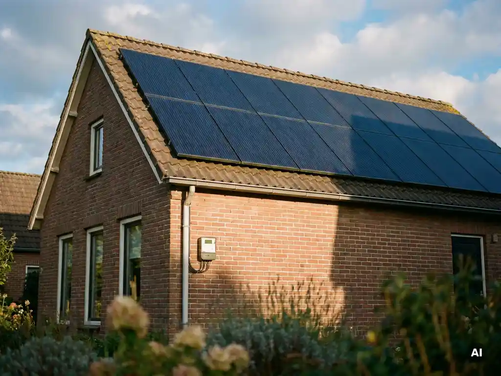 Zonnepanelen op Nederlands woonhuis met slimme energiemeter op bakstenen buitenmuur, gefotografeerd vanuit de tuin in middagzon.