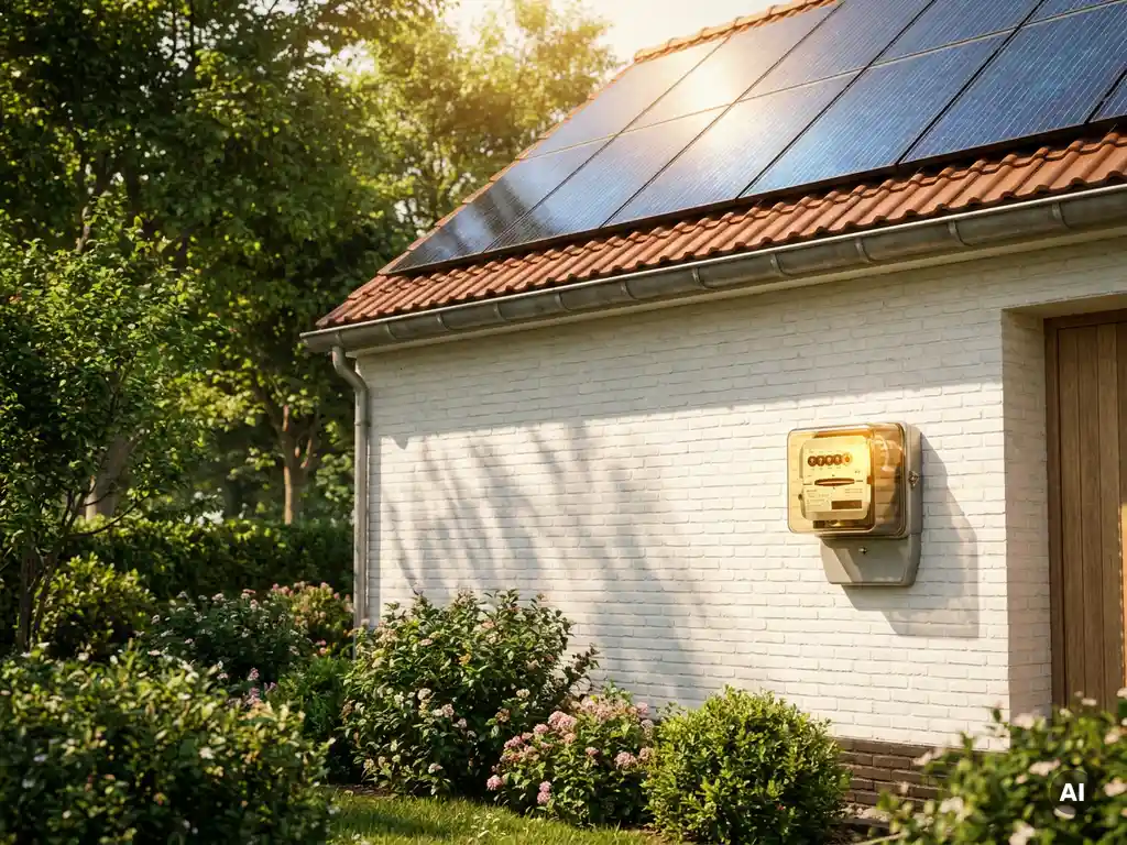 Zonnepanelen op residentieel dak in Nederlandse buitenwijk met slimme energiemeter op witte gevel in zonlicht.