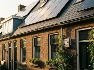 Zonnepanelen op Nederlands woonhuis met slimme energiemeter op bakstenen gevel in warm middaglicht.
