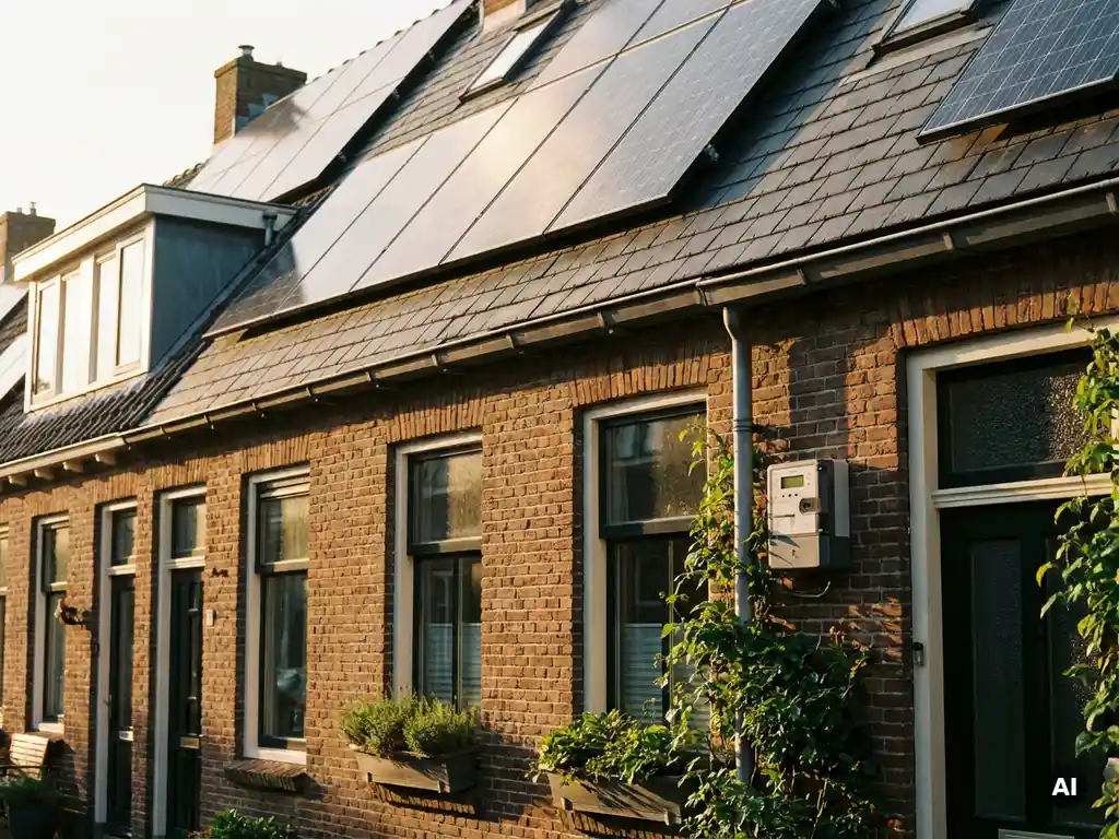 Zonnepanelen op Nederlands woonhuis met slimme energiemeter op bakstenen gevel in warm middaglicht.