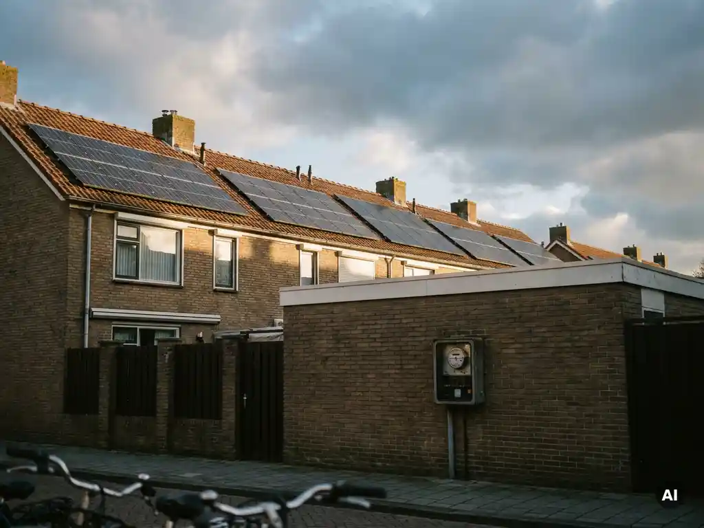 Zonnepanelen op Nederlands woonhuis met bewolkte lucht, elektriciteitsmeter op bakstenen gevel, warme middagzon met lange schaduwen.