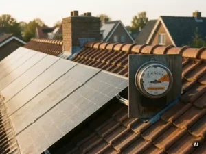 Zonnepanelen op Nederlands woonhuis tijdens gouden uur, met elekticiteitsmeter die teruglevering aan het net toont.