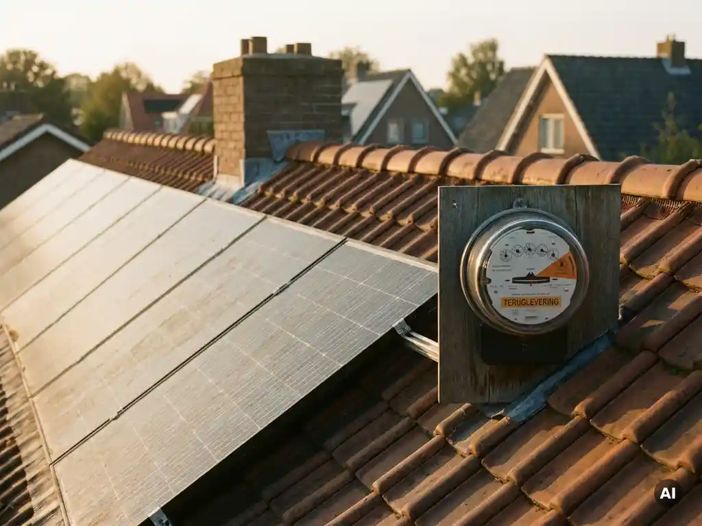 Zonnepanelen op Nederlands woonhuis tijdens gouden uur, met elekticiteitsmeter die teruglevering aan het net toont.