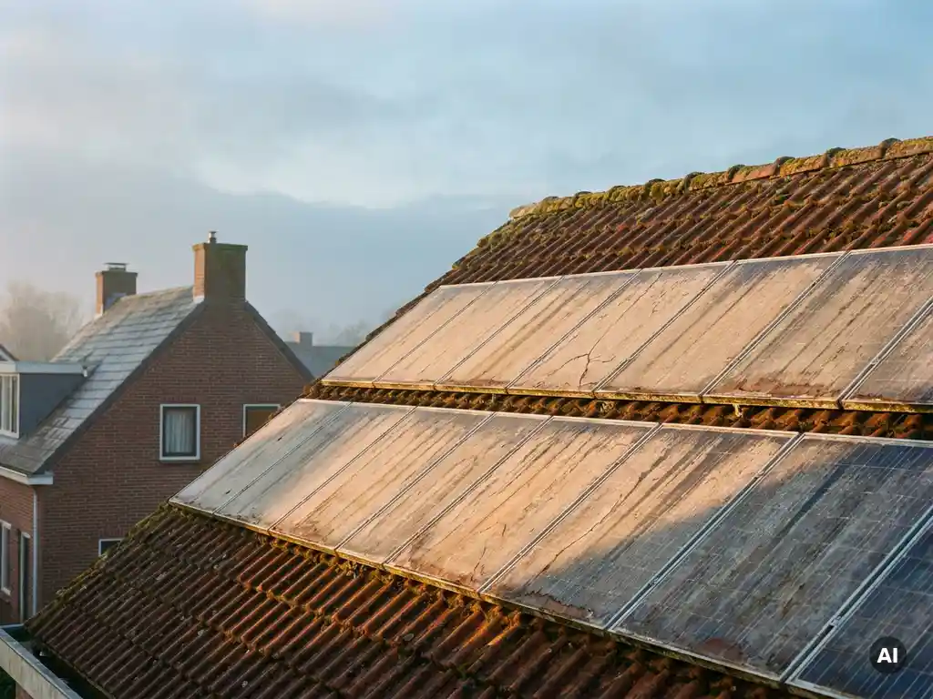 Verweerde zonnepanelen op dak van Nederlandse woning in ochtendlicht, lichte verkleuring zichtbaar, warme gouden schaduwen.
