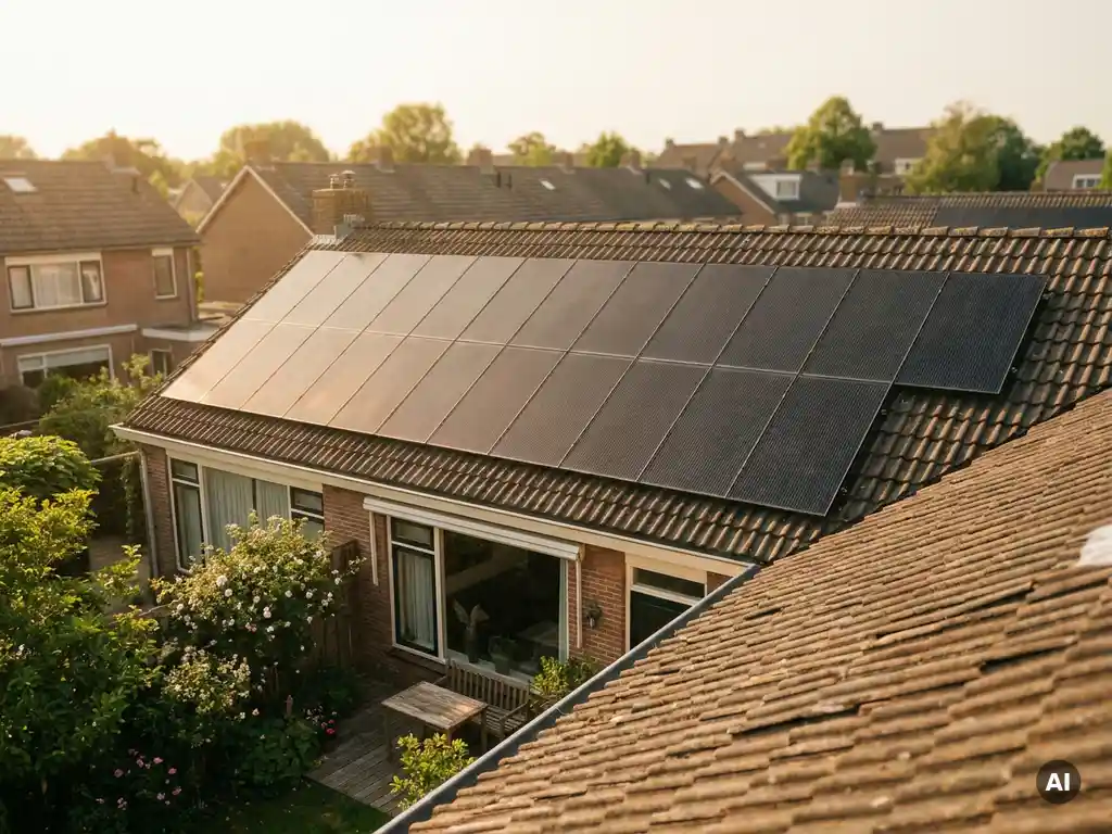 Zonnepanelen op een Nederlands woonhuis met terracotta dakpannen en groene tuin in warm middaglicht.