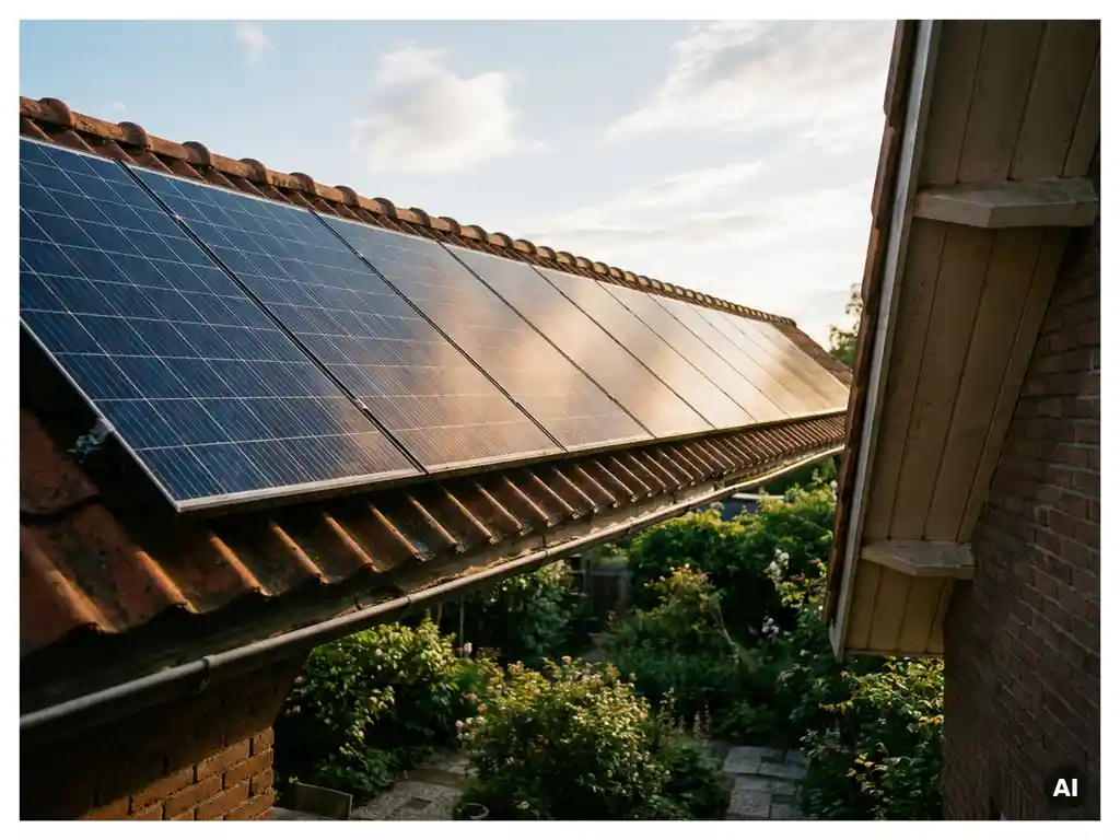 Donkerblauwe zonnepanelen op Nederlands woonhuis, ochtendzon weerspiegelt gouden gloed op de panelen met blauwe lucht en tuin op achtergrond.