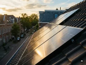 Zwarte zonnepanelen op een Nederlands woonhuis, badend in warm middaglicht met een villawijk op de achtergrond.