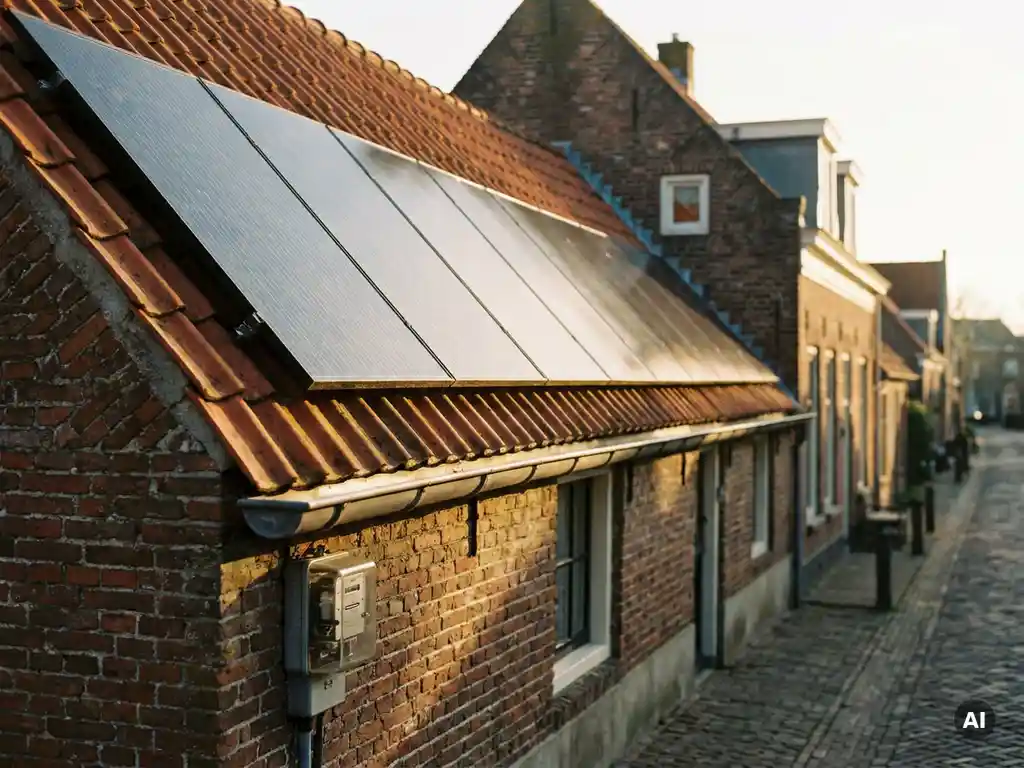 Zwarte zonnepanelen op rood pannendak van Nederlandse woning, met gouden middagzon die weerkaatst op de panelen en een elektriciteitsmeter aan de gevel.