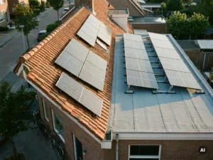 Zonnepanelen op een Nederlandse woning met terracotta pannendak en plat dak in Brabantse woonwijk, gefotografeerd op straathoogte.