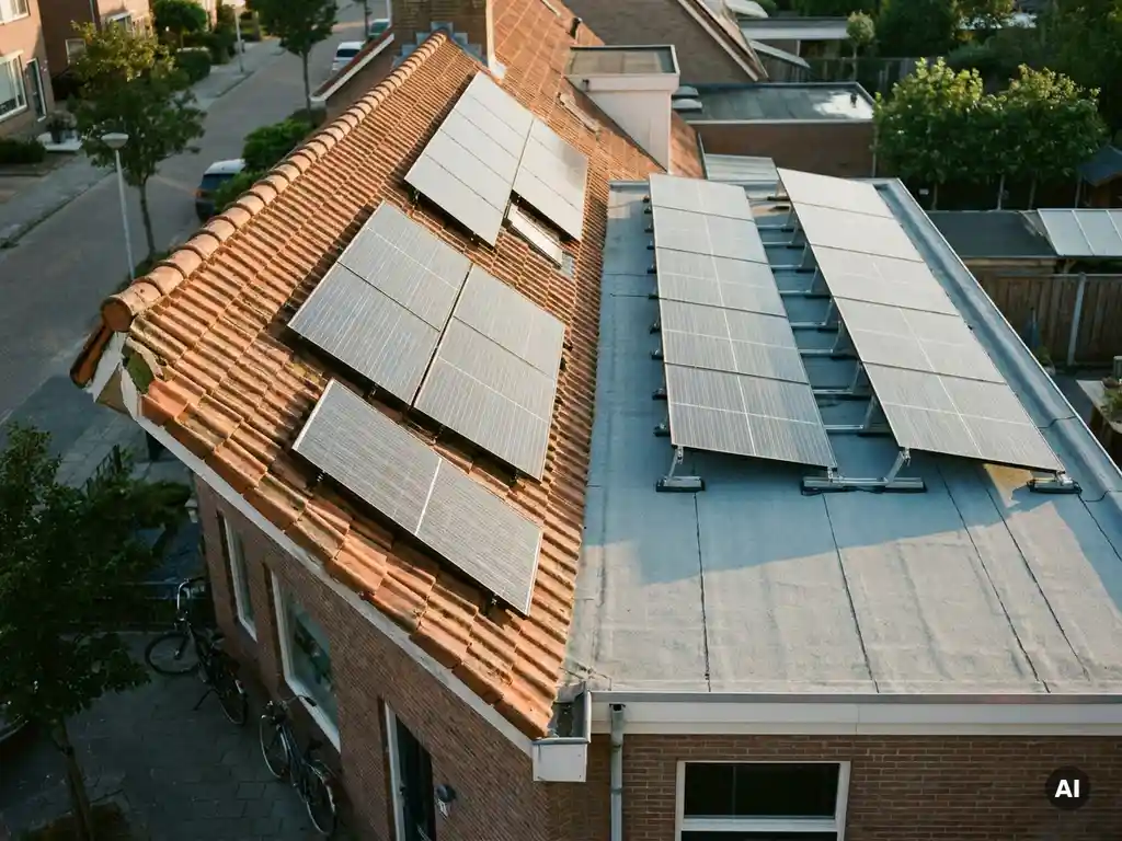Zonnepanelen op een Nederlandse woning met terracotta pannendak en plat dak in Brabantse woonwijk, gefotografeerd op straathoogte.