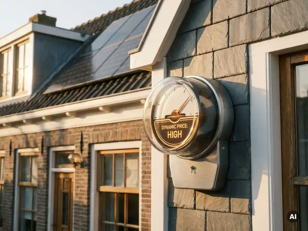 Elektriciteitsmeter op buitenmuur van Nederlandse woning met zonnepanelen op dak op de achtergrond, warm middaglicht.