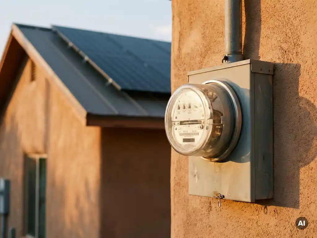 Elektriciteitsmeter op zonnige buitenmuur met zonnepanelen op het dak op de achtergrond, warme middaglichtval.