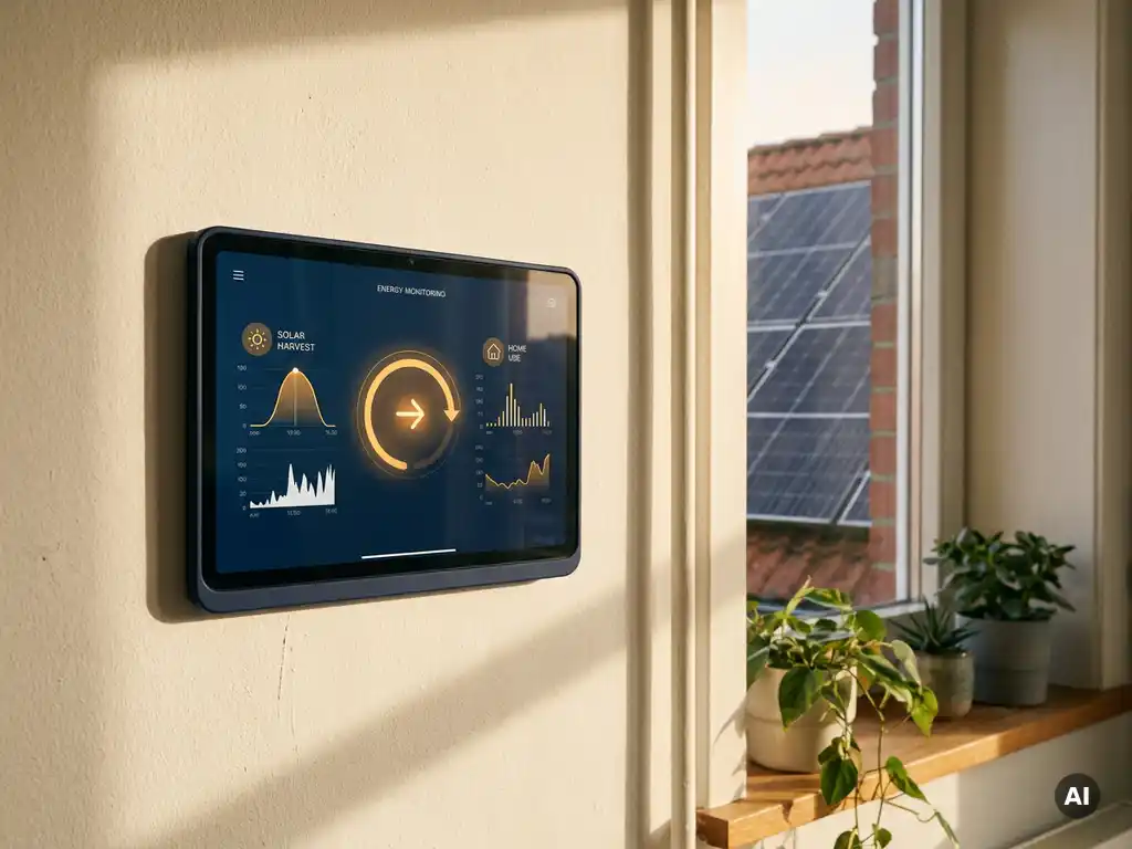 Energiemonitoringdashboard op tablet aan muur van Nederlandse woning met zonnepanelen op dak, warm middaglicht.