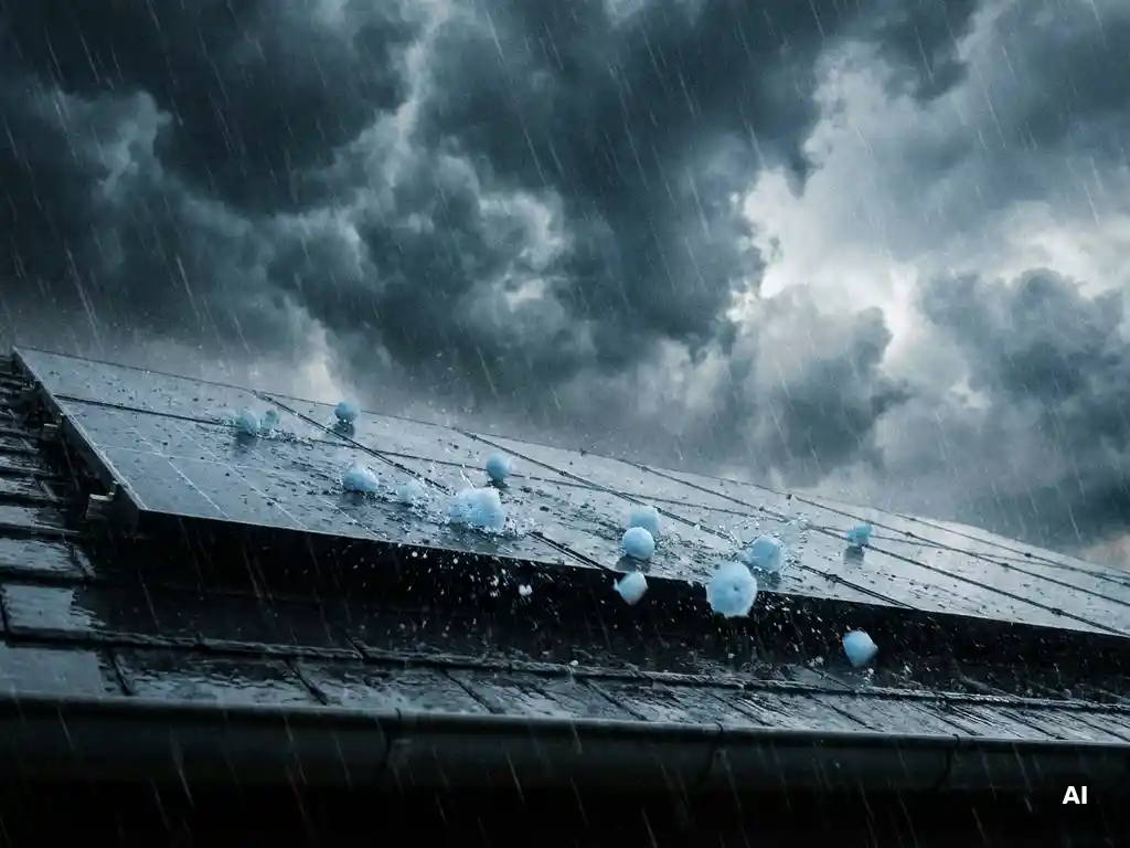 Hagelstenen raken zonnepanelen op woonhuisdak tijdens zware storm met donkere wolkenlucht.
