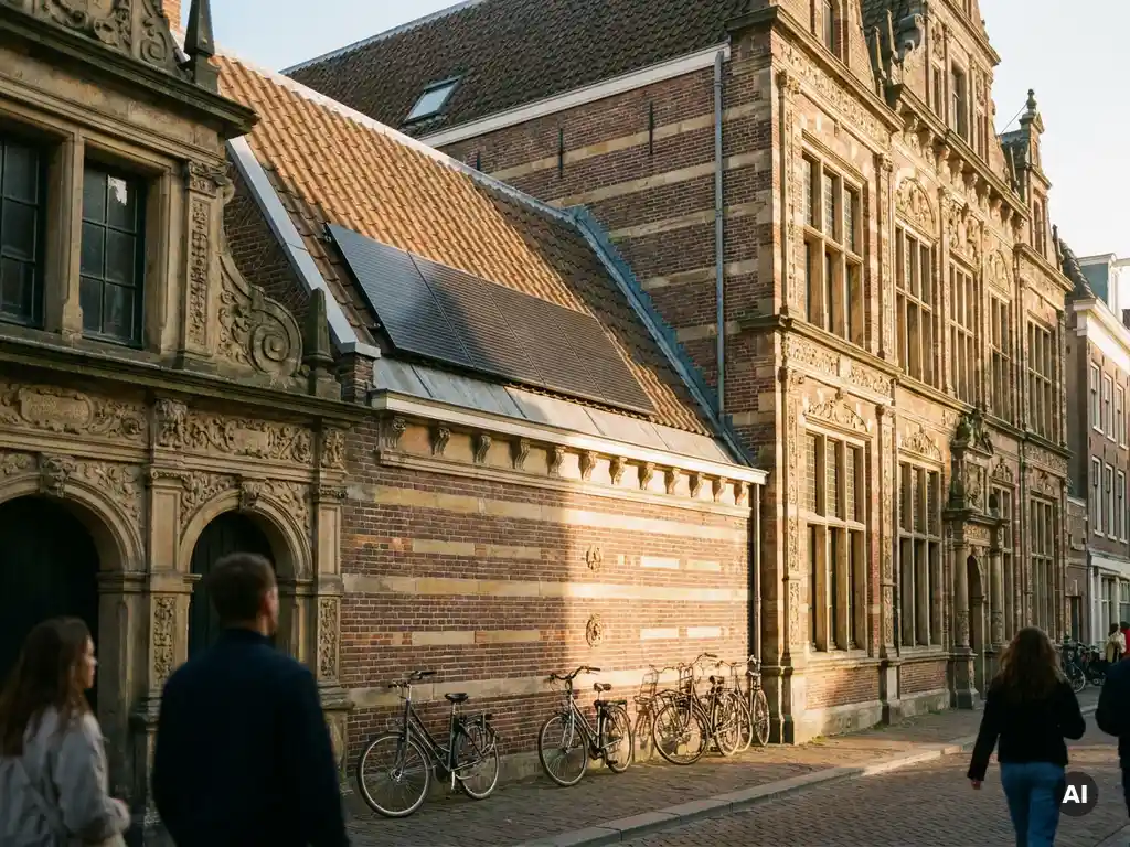 Historisch Nederlands bakstenen monumentenpand met sierlijke gevel en twee zonnepanelen op het terracotta pannendak.