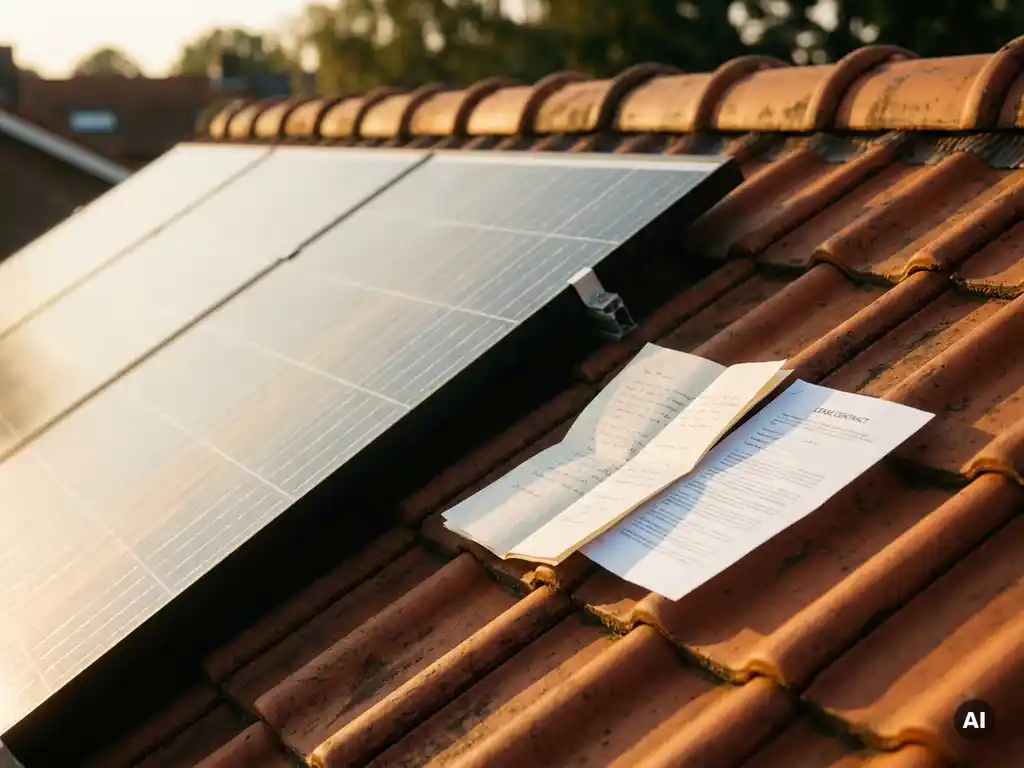 Zonnepanelen op rood betegeld Nederlands dak met factuur en leasecontract in warm middaglicht.