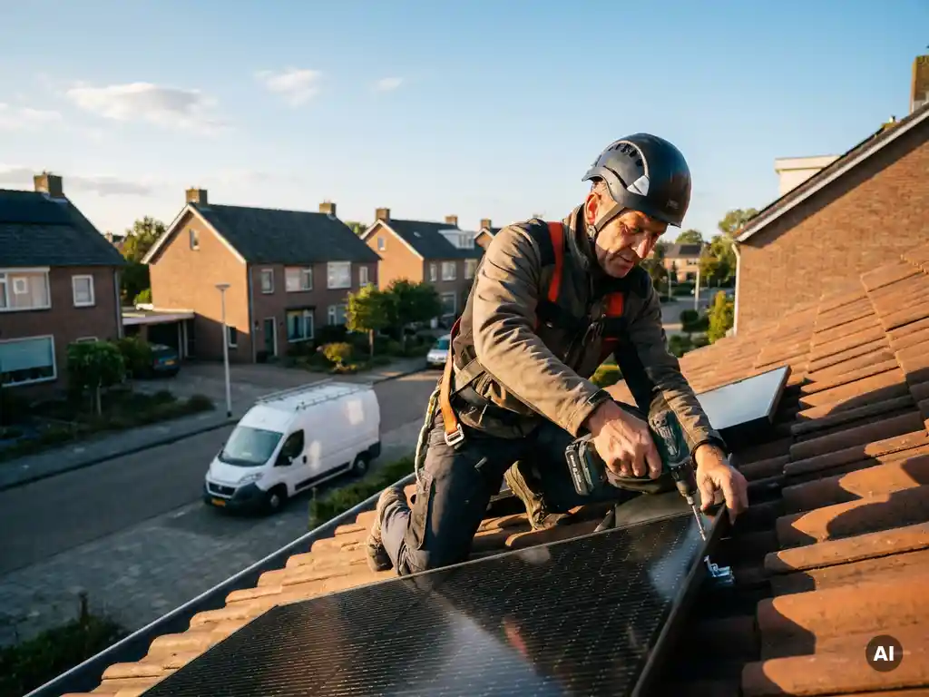 Gecertificeerde installateur plaatst zwarte zonnepanelen op terracotta pannendak van Nederlandse woning op zonnige middag.