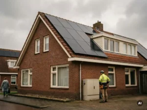 Gecertificeerde installateur naast meterkast bij woning met vers geïnstalleerde zonnepanelen op rood bakstenen dak.