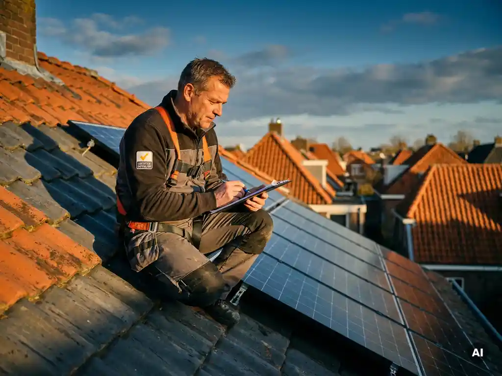 Gecertificeerde installateur inspecteert zonnepanelen op Nederlands terracotta dak met klembord, blauwe lucht op de achtergrond.