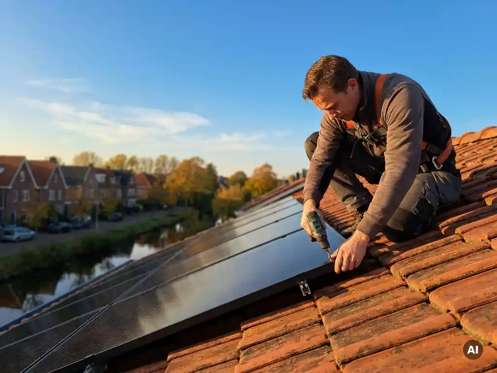 Monteur installeert zwarte zonnepanelen op Nederlands woonhuis tijdens gouden uur, terracotta dakpannen en blauwe lucht op achtergrond.