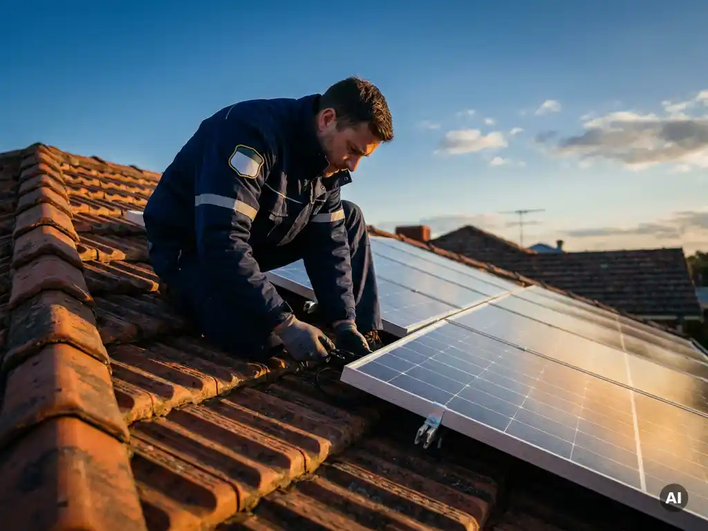 Gecertificeerde technicus inspecteert zonnepanelen op een Nederlandse woning tijdens gouden uur, met terracotta dakpannen en blauwe lucht.