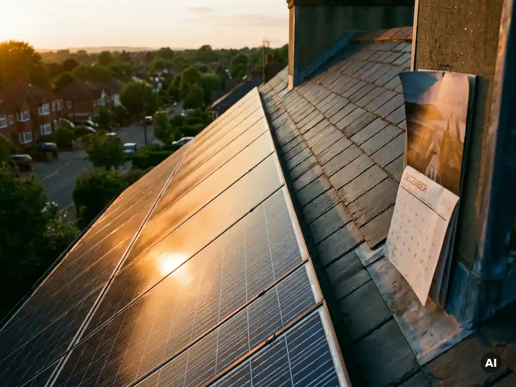 Zonnepanelen op Nederlands woonhuis in gouden middaglicht, met groene buitenwijk op de achtergrond en kalender in de schaduw.
