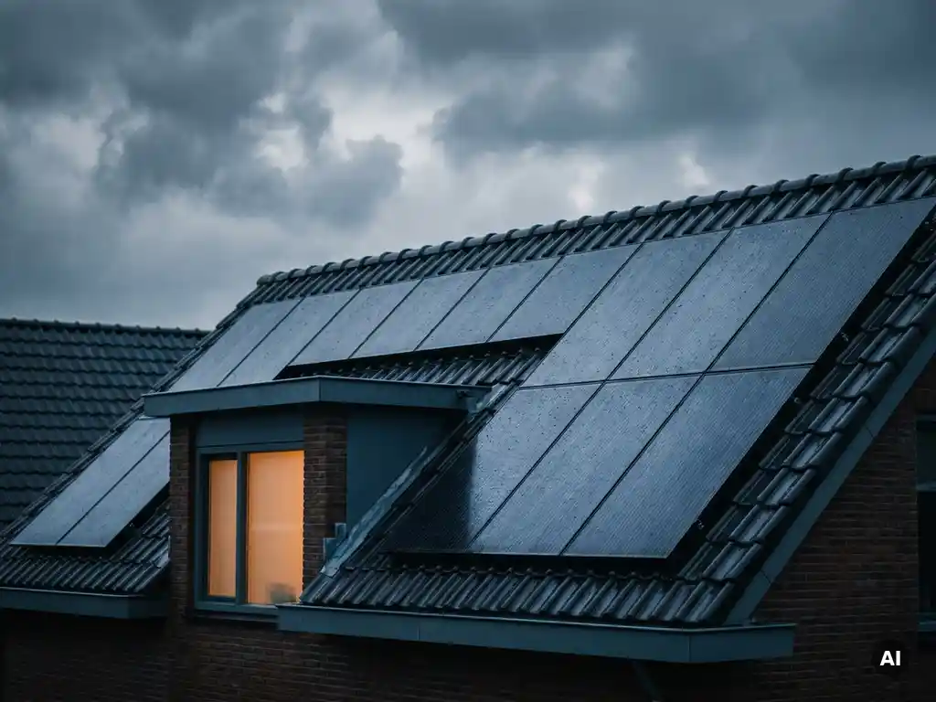 Zonnepanelen op een nat Nederlands woonhuisdak glinsteren onder bewolkte lucht, met regendruppels op het fotovoltaïsche oppervlak.