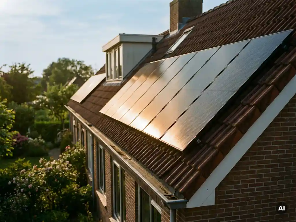 Donkere zonnepanelen op het dak van een Nederlandse bakstenen woning, met warm goudkleurig middaglicht dat weerkaatst op de panelen.