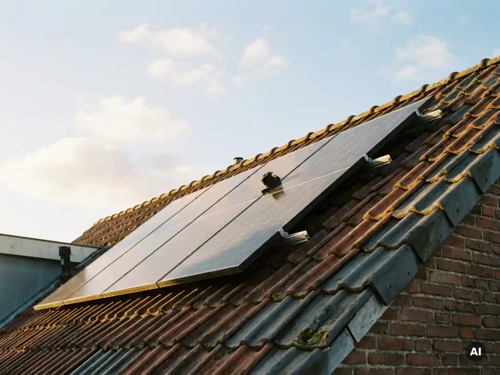 Zonnepanelen op een hoek gemonteerd op een Nederlands bakstenen dak, met zachte middagzon en een lichtblauwe lucht op de achtergrond.