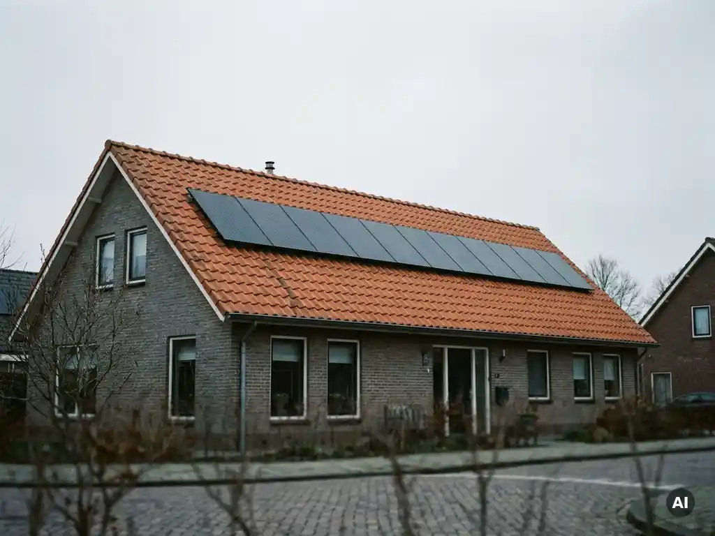 Zonnepanelen op noordgericht woonhuisdak met terracotta dakpannen onder bewolkte Nederlandse lucht.