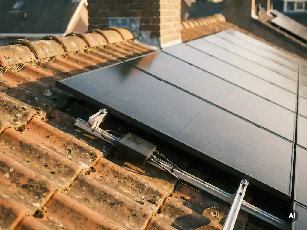 Zonnepanelen op Nederlands woonhuis met zichtbare zwarte power optimizer onder licht opgetild paneel, warme middaglicht op terracotta dakpannen.