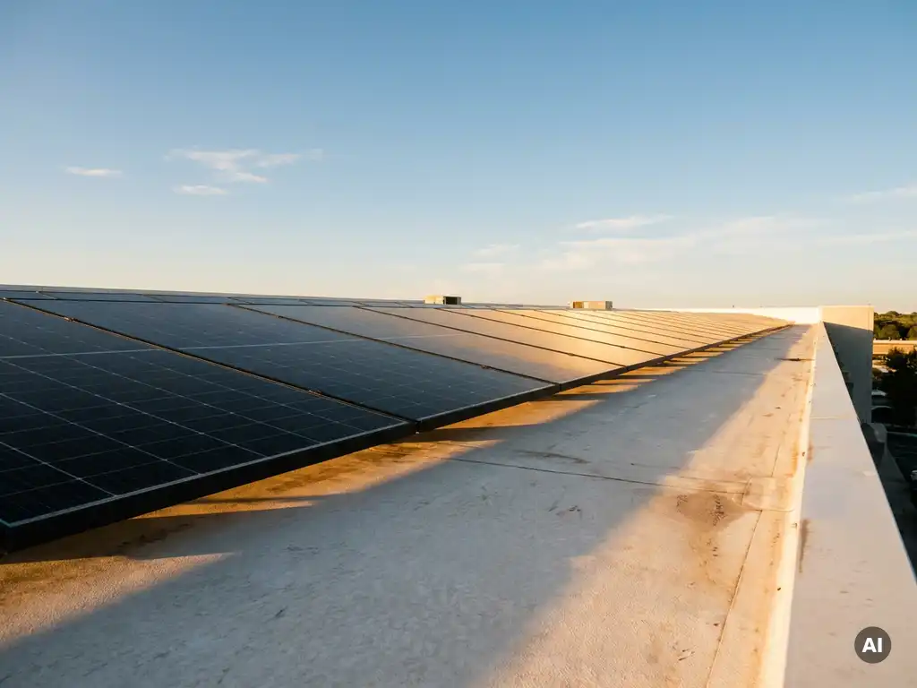 Rij zwarte zonnepanelen op wit commercieel plat dak in warm middaglicht met heldere blauwe lucht.