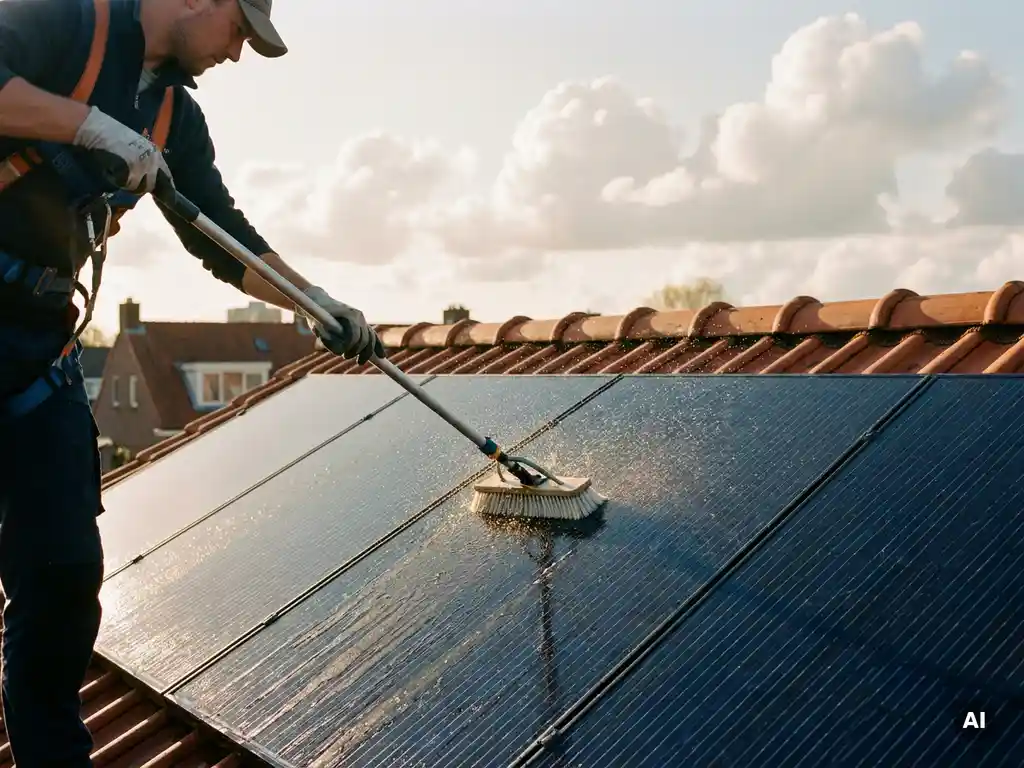 Technicus reinigt zonnepanelen op terracotta pannendak met langstelige borstel, waterdruppels glinsteren in warm middaglicht.