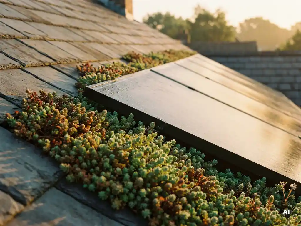 Zwarte zonnepanelen naast groene sedum beplanting op een hellend woonhuisdak, verlicht door warm ochtendlicht.