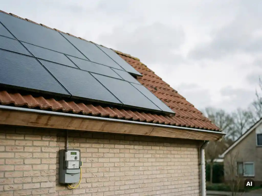 Zonnepanelen op Nederlands woonhuis met slimme energiemeter op bakstenen gevel onder bewolkte lucht.