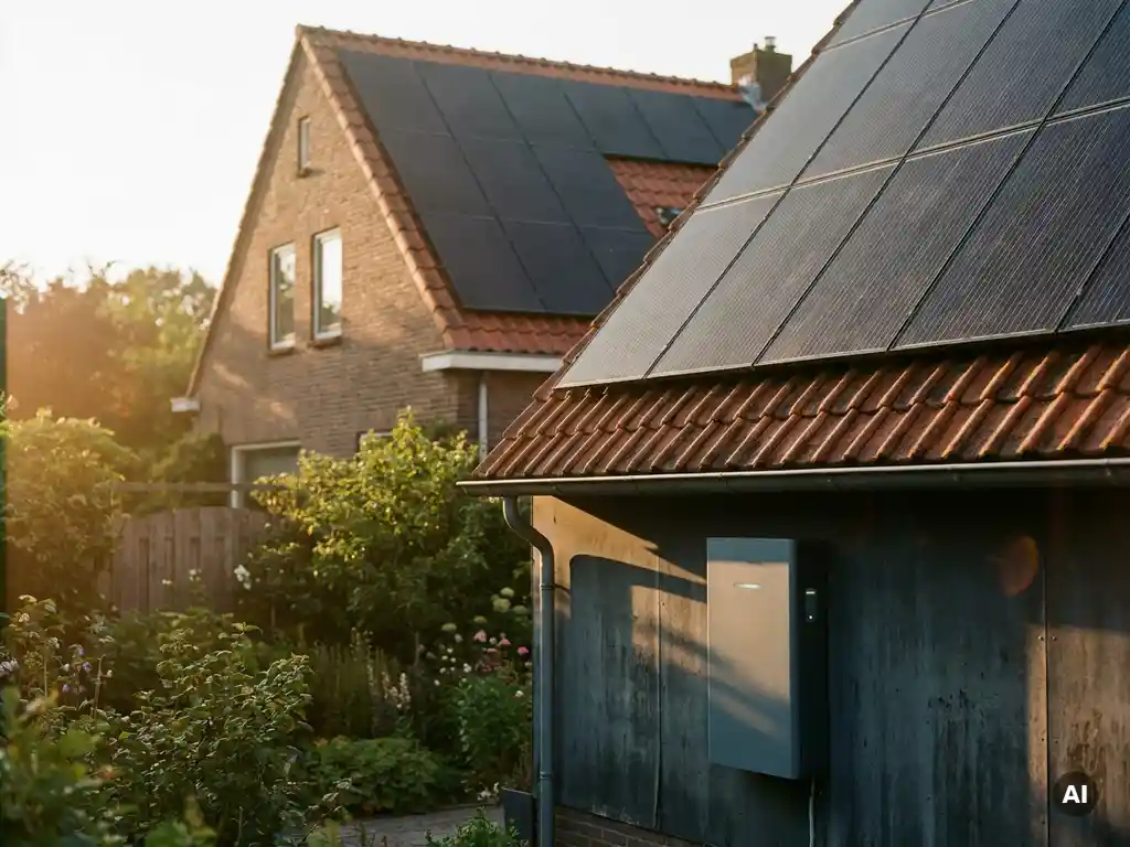 Zonnepanelen op Nederlands woonhuis bij gouden uur, thuisbatterij aan buitenmuur, terracotta dakpannen met warme amberkleurige schaduwen.