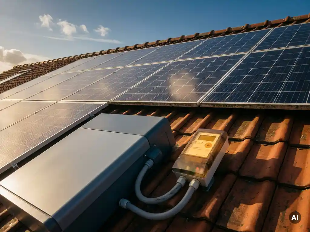 Zonnepanelen op Nederlands woonhuis met energiemeter en thuisbatterij op de voorgrond, blauwe lucht op zonnige middag.