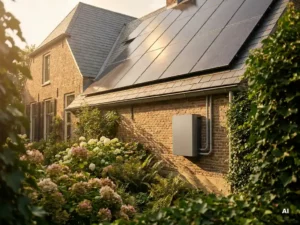 Zonnepanelen op Nederlands woonhuis met thuisbatterij aan zonnige buitenmuur, weelderige groene tuin op voorgrond.