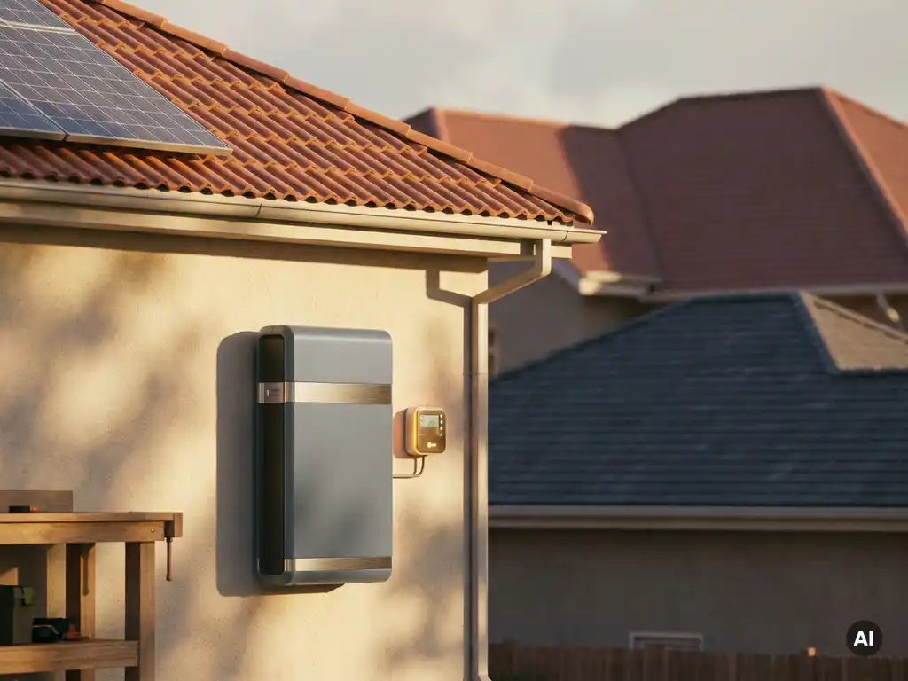 Thuisbatterij op garagemuur naast zonnepanelen op Nederlands woonhuis, warme middagzon, slimme energiemeter zichtbaar.