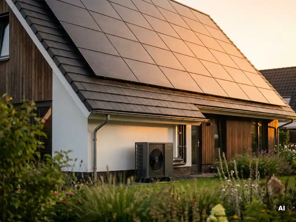 Zonnepanelen op dak van Nederlandse gezinswoning met warmtepomp aan achtergevel, groene tuin op de achtergrond in middagzon.