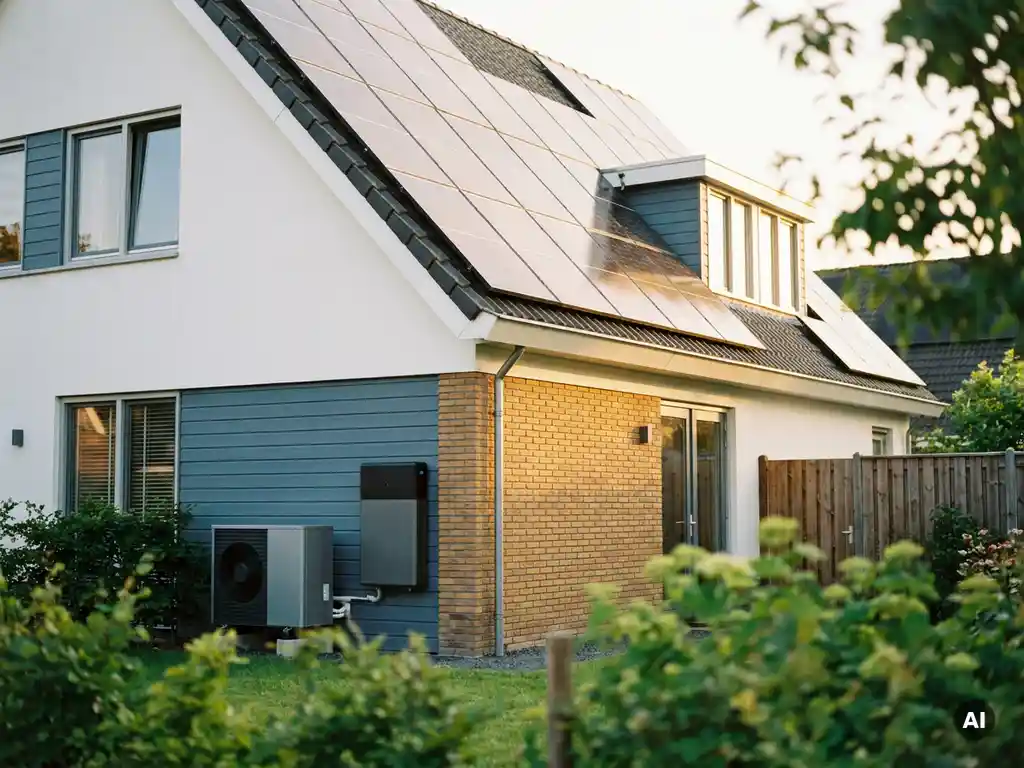 Zonnepanelen op dak van Nederlandse gezinswoning met warmtepomp en thuisbatterij naast de gevel, groene tuin op achtergrond.