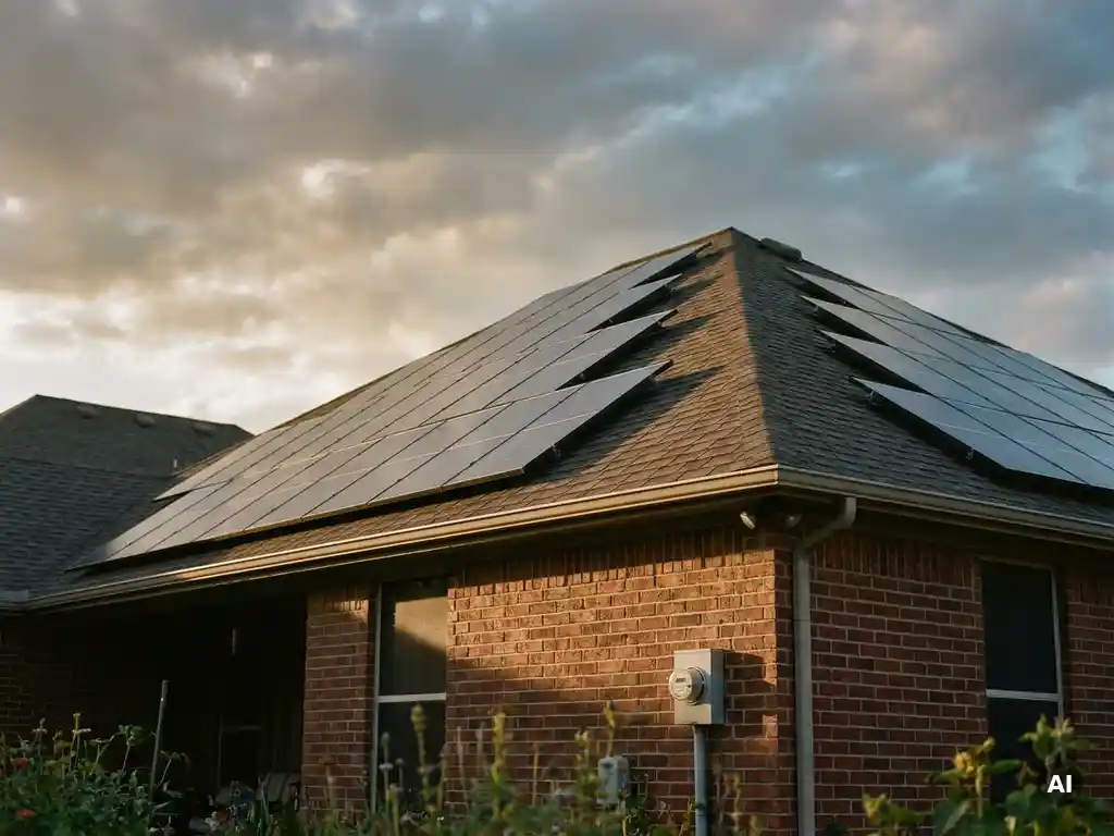 Zonnepanelen op een Nederlands woonhuis met bewolkte lucht, gouden zonlicht en een energiemeter op de bakstenen gevel.