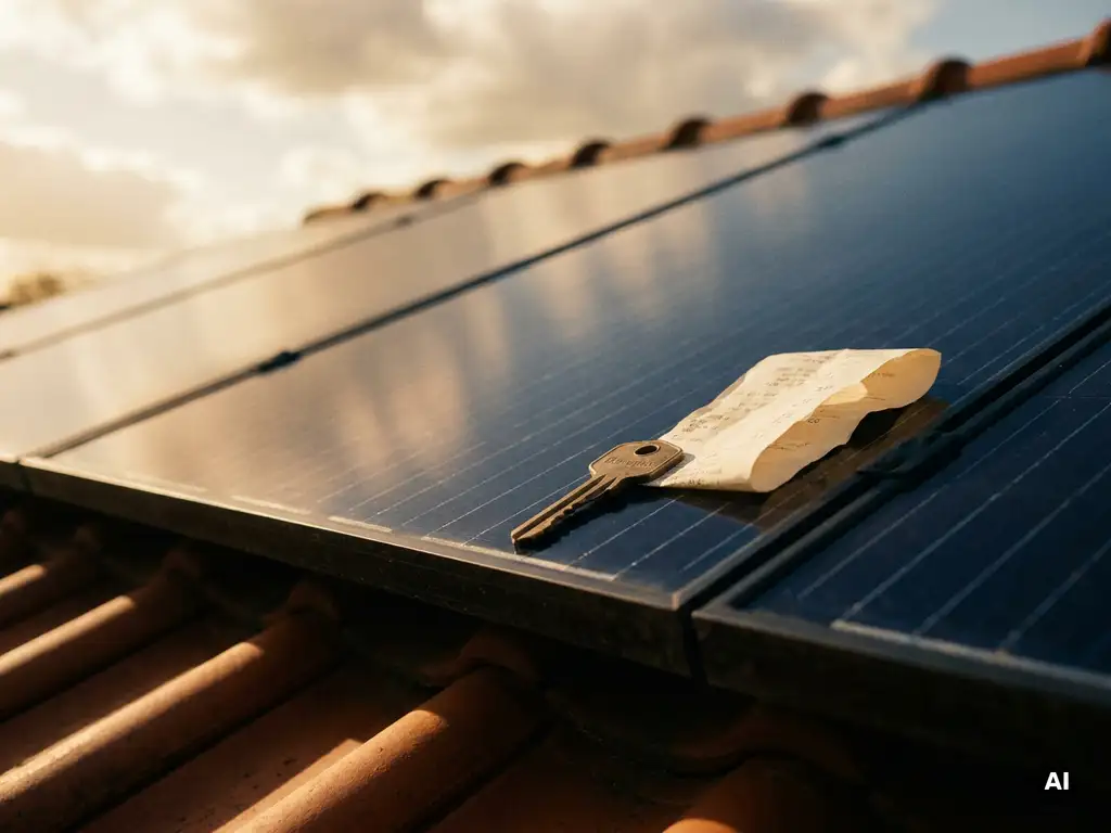 Zonnepanelen op Nederlands woonhuis met huissleutel en maandelijkse factuur, terracotta dakpannen op de achtergrond.