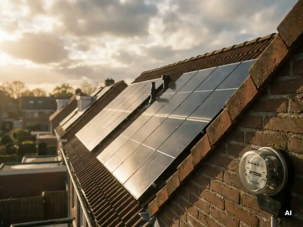 Zonnepanelen op een Nederlands woonhuis onder bewolkte lucht, met een energiemeter op de bakstenen buitenmuur.