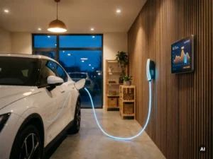 Witte elektrische auto die 's nachts oplaadt in moderne Nederlandse garage met slim energiedisplay op de muur.