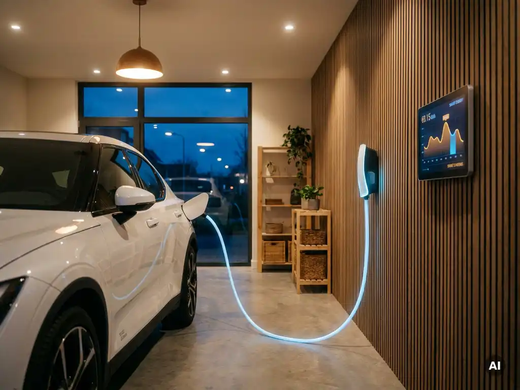 Witte elektrische auto die 's nachts oplaadt in moderne Nederlandse garage met slim energiedisplay op de muur.